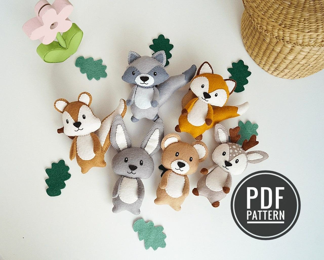 Woodland Creatures Set 4 Felt Animals Sewing Pattern, Plush PDF Download,  SVG File for Wool Felt Ornaments, Baby Mobile, Nursery Decor 