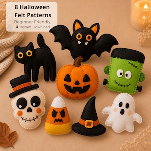 Könnte beinhalten: Eine Sammlung von acht Halloween-Filzmustern, darunter eine schwarze Katze, eine Fledermaus, ein Kürbis, ein grünes Monster, ein Totenkopf mit Zylinder, ein Zuckermais, ein Hexenhut und ein Geist. Der Text 8 Halloween Felt Patterns Beginner Friendly Instant Download ist sichtbar.