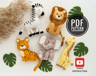 Safari Felt Animals Sewing Patterns PDF and Tutorials, Jungle Felt Toys, Stuffed Animal Patterns, Felt Ornaments