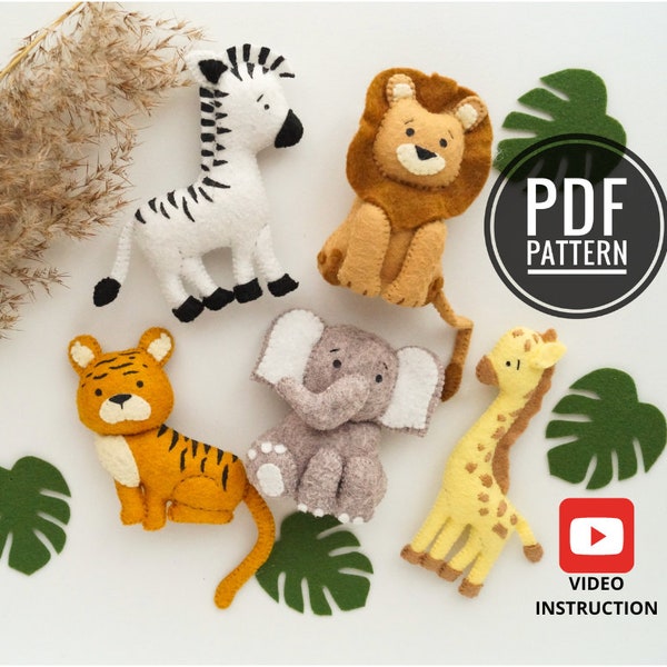 Safari Felt Animals Sewing Patterns PDF and Tutorials, Jungle Felt Toys, Stuffed Animal Patterns, Felt Ornaments