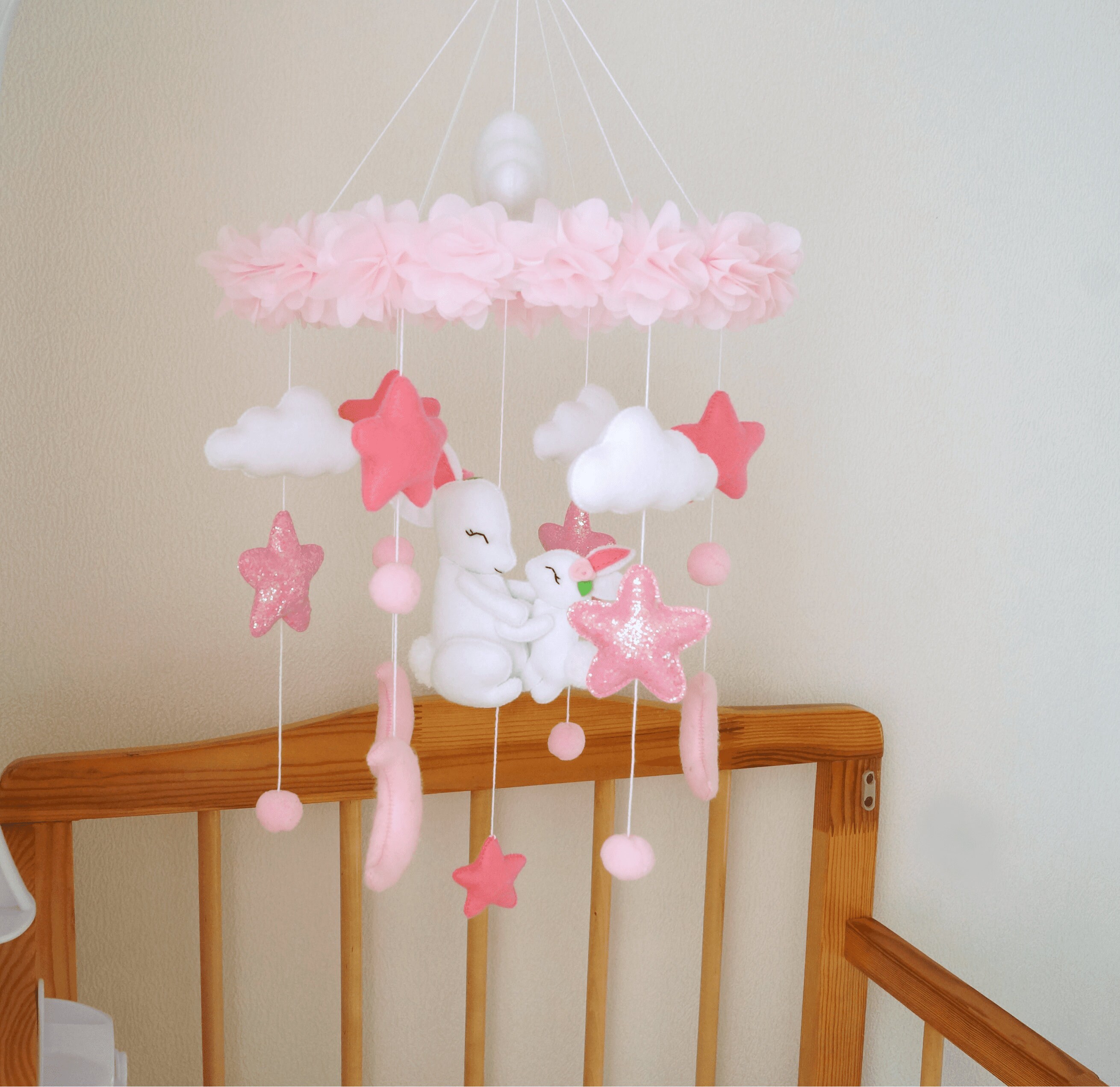 Pink Baby Mobile With Bunny, Flower Mobile Nursery, Floral Crib Mobile, Girls Nursery Decor