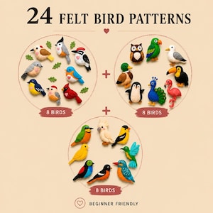 24 Felt Bird Sewing Patterns PDF, Bird Pattern Bundle, Beginner Hand Sewing, Baby Mobile DIY, Felt Ornaments Tutorial
