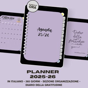 Può includere: Planner digitale con copertina lilla chiaro, con il testo "Agenda 25/26". Il planner include una vista calendario per settembre e una sezione diario della gratitudine. Il design è pulito e moderno, con rilegatura a spirale.