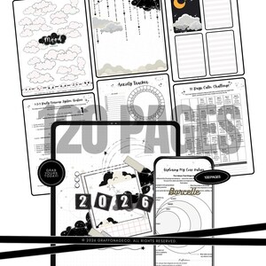 May include: A collection of black and white printable planner pages. The pages include mood trackers, anxiety trackers, and a 31-day calm challenge. The text includes "2026", "120 PAGES", and "MY ANXIETY PLANNER & JOURNAL".