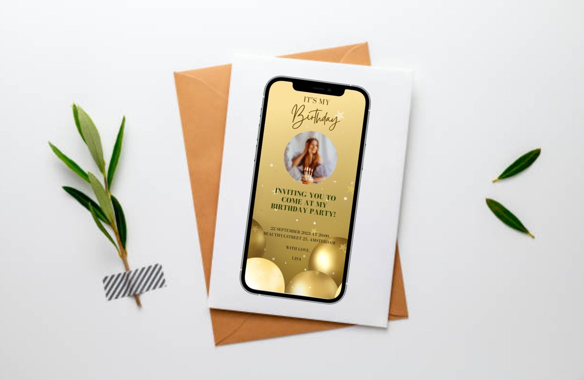 Digital Birthday Card Template With Photo, Party Card Template