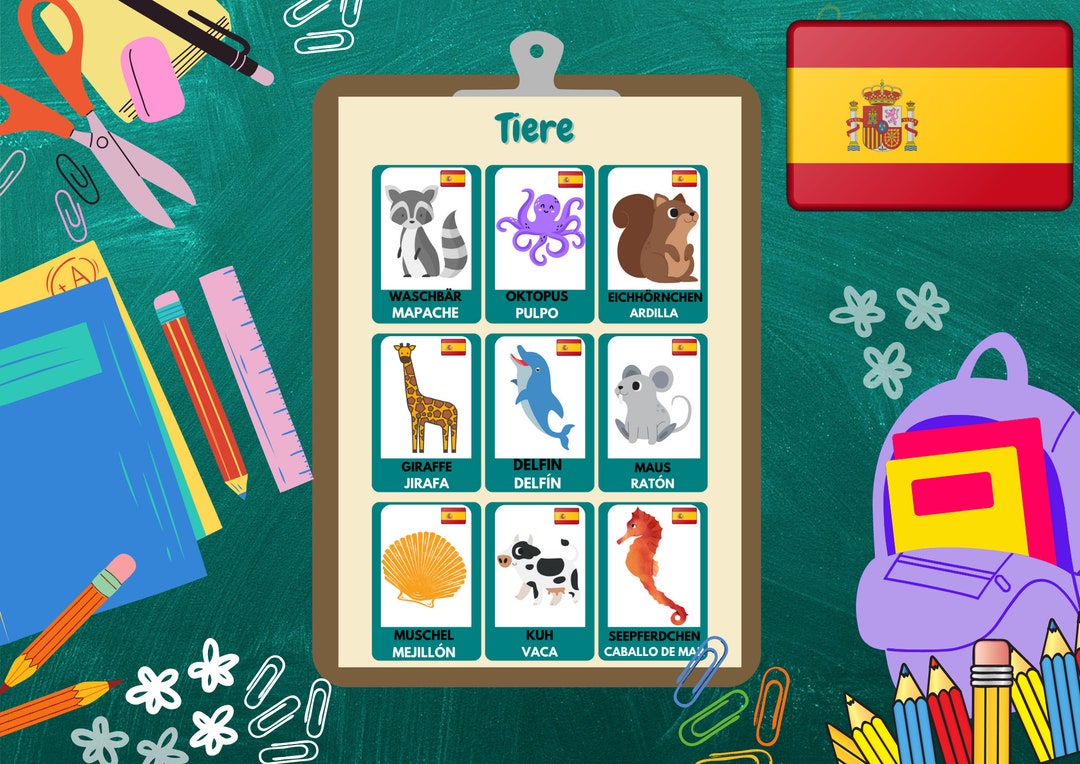 Bilingual Flashcards for Kids Printable Spanish Animals Etsy
