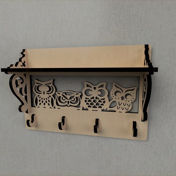 Housekeeper hanger with owls.  Laser cut files SVG, DXF CDR vector plans laser cutting, cnc pattern, glowforge files, cnc project, laser