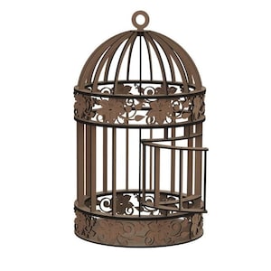 May include: A brown wooden birdcage with a decorative floral design and an open door. The cage is made of thin wood and has a rounded top.
