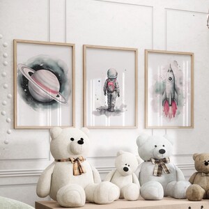 Rosa Kinderzimmer Dekor Weltraum Mädchen Kinderzimmer Wand Kunst Weltraum oder Leinwand, Aquarell Weltraum Kinderzimmer Drucke, Astronaut Weltraum Poster