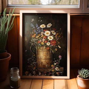 Milk Pail with Wildflowers Classic Vintage Oil Painting Poster or Canvas Print, Cottagecore Decor, Farmhouse Floral Decor, Flowers in a Pail