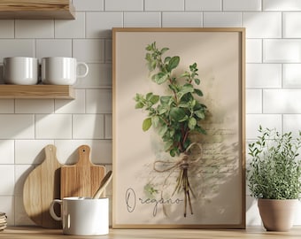 May include: A framed botanical print featuring a watercolor illustration of oregano. The artwork showcases a bundle of green oregano sprigs tied with twine, with the word "Oregano" written in script. The print is in a light brown wooden frame.