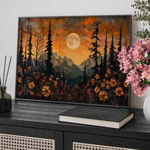 Alaskan Wilderness Dusk Panorama Painting Poster or Canvas, Floral Botanical Art, Sunset Panoramic View Watercolor Flowers and Mountains Art