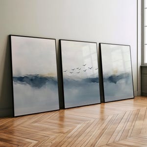Abstract Gray Blue Sky Art Set of 3 Poster or Canvas Prints, Minimalist Watercolor Birds in Sky, Serene Landscape Tranquil Nature Wall Decor