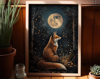 Moonlit Forest Fox with Fireflies Vintage Painting Poster or Canvas Print, Mystical Dark Cottagecore Decor, Whimsigoth Wildlife Art Print