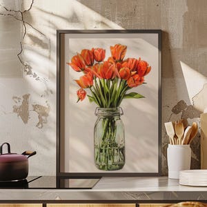 Tulips in a Jar Poster or Canvas, Pickle Orange Tulips Art Print or Canvas, Pickle Jar Flower Art Print, Quirky Kitchen Flower Decor Vintage