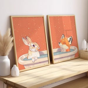 Set of 2 Rabbit and Fox In Bathtub Art Print or Canvas, Animal Bathroom Home Bunny and Kit Kids Poster, Nursery Woodland Two Pets Wall Art