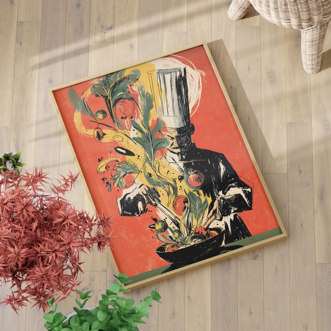 Abstract Chef Illustration Red Art Poster or Canvas Print, Playful ...
