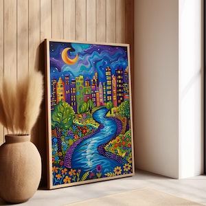 Blue River in the City Park Starry Night with Crescent Moon Colorful Mosaic Floral Botanical Poster or Canvas Print, Vibrant Blue City Art