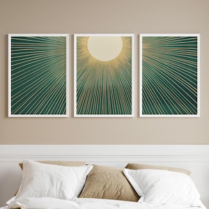 Sunburst Wall Art 3 Piece Set Dark Green Poster or Canvas, Boho Sun Abstract Art Print, Horizontal Above Bed Wall Decor, Sun Shine Art Print