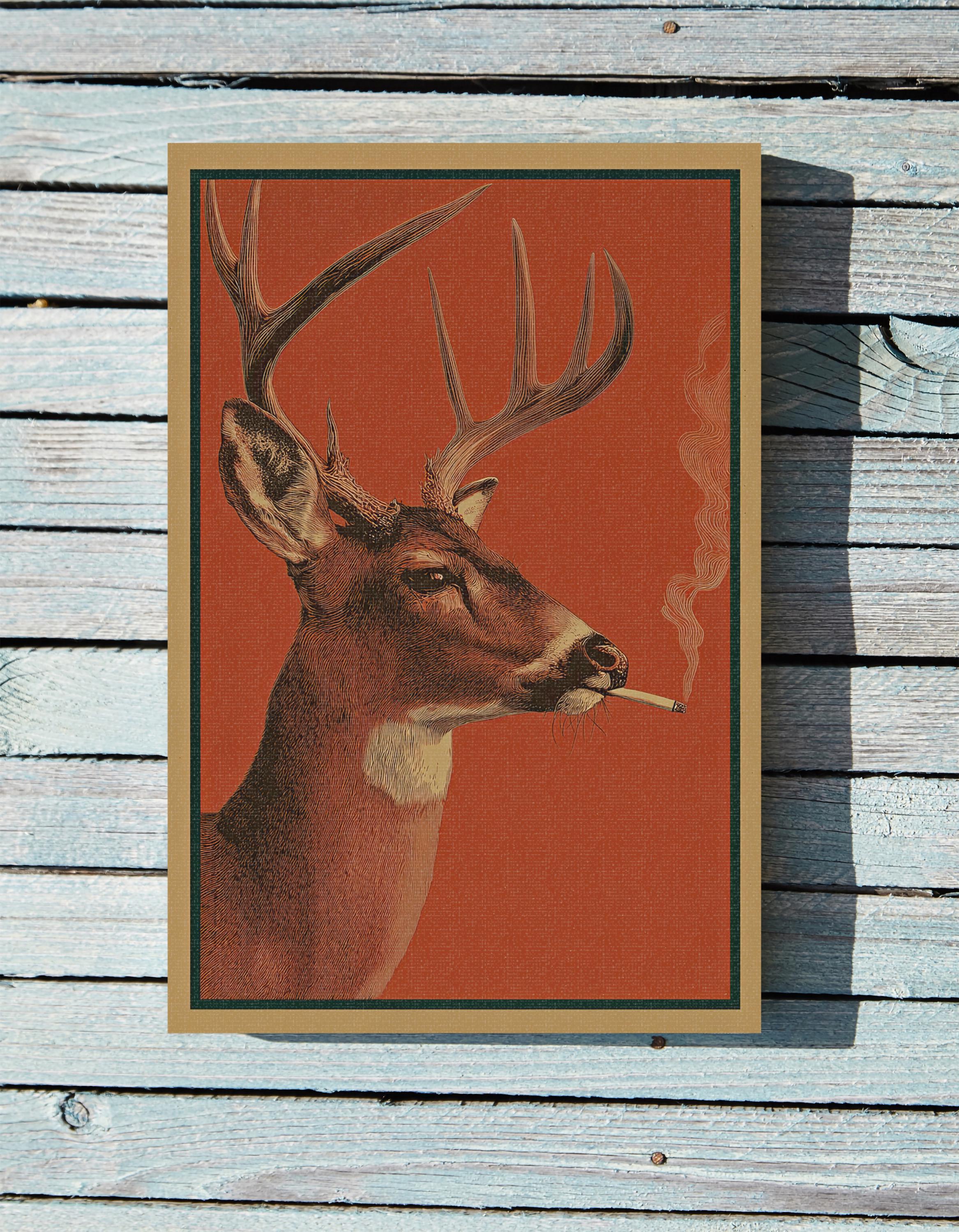 deer smoking a cigarette Buck Smoking a Cigarette Vintage Style Canvas Print Wall Art Framed Deer  12x15”
