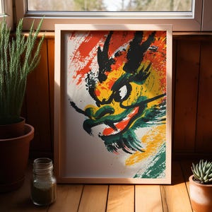 Abstract Chinese Dragon Wall Art Print or Canvas, Colorful Mythical Dragon Head Poster, Unique Fantasy Dragon, Perfect Chinese New Year Deco