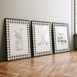 Sage Green Golf Retro Nursery Set of 3 Prints Poster or Canvas, Boys Room Decor, Kids Sports Print, Classic Minimalist Blue Line Art Print