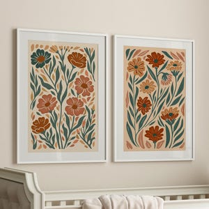 Boho Wildflower Set of 2 Prints Poster or Canvas Wall Art, Colorful Floral Art Print Botanical Flowers Illustration Minimalist Home Decor