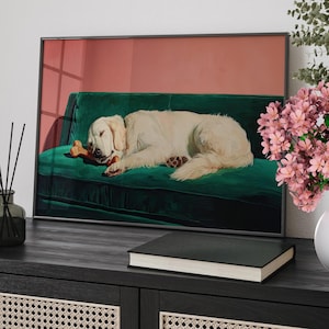 May include: A framed art print of a sleeping golden retriever on a green velvet sofa, holding a bone. The background features a pink wall and a window casting a shadow. The artwork is displayed on a black cabinet.