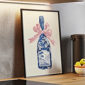 Champagne Bottle with Chinoiseries Design and Pink Ribbon Minimalist Print Poster or Canvas, Blue White Bar Cart Preppy Pink Bow Wall Art