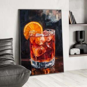 Negroni Cocktail Oil Painting Poster or Canvas Print, Cocktail in Whiskey Glass Print, Unique Man Cave Decor Perfect Gift For Whiskey Lovers
