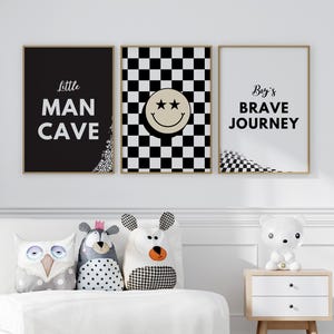 Little Man Cave Checkered Smiley Brave Journey Art Print Set Of 3 Or Canvas, Racer Black White Nursery, Baby Boys Kids Room Toddler Poster