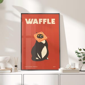Cat Doing Things Black Cat Waffle Face Poster or Canvas Print, Cat Posters, Funny Cat Kitchen Decor, Retro Cat Wall Art, Humorous Cat Print