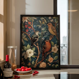Robin & Sparrow William Morris Wall Art Print or Canvas, Vintage Bird Lover Gift For Her in Cottagecore Dark Academia, Mid Century Botanical