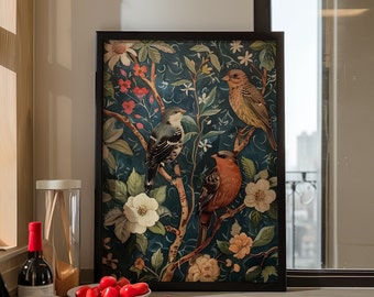 Robin & Sparrow William Morris Wall Art Print or Canvas, Vintage Bird Lover Gift For Her in Cottagecore Dark Academia, Mid Century Botanical