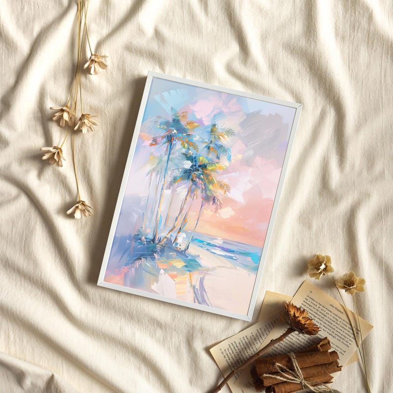 Palm Tree Girly Pastel Pink Blue Abstract Coastal Art Poster or Canvas