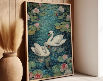 Swans on Lily Pond Vintage Oil Painting William Morris Inspired Art Print Poster or Canvas, Classic Floral Botanical Art Cottagecore Decor