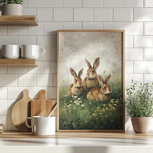 Three Rabbits Vintage Oil Painting Poster or Canvas Print, Easter Bunny Print, Spring Wall Art, Farmhouse Wall Decor, Cozy Cottage Art Print