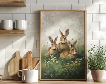 Three Rabbits Vintage Oil Painting Poster or Canvas Print, Easter Bunny Print, Spring Wall Art, Farmhouse Wall Decor, Cozy Cottage Art Print