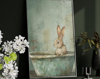 Rabbit in Bathtub Wall Art Canvas, Bathroom Animal Home Decor, Bunny in Bath Nursery Art Print, Vintage Poster, Retro Bunny Easter Painting
