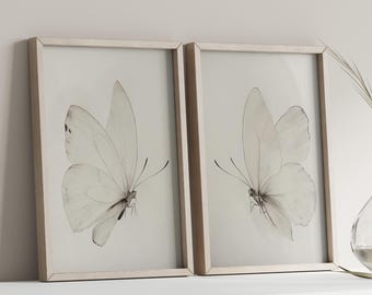 White Butterflies Ink Painting Set of 2 Poster or Canvas Print, Vintage Wall Art Butterfly Drawing, Minimalist Pair Butterflies Wall Art