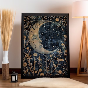 Crescent Moon Floral Botanical William Morris Wall Art Canvas or Poster Print, Dark Cottagecore Decor, Dark Academia, Moon and Flowers Art