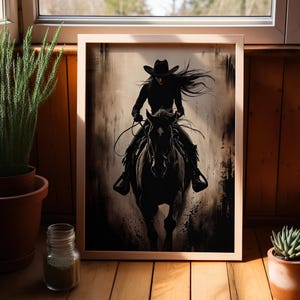 Cowgirl Riding on Horseback Rustic Dark Oil Painting Poster or Canvas Print, Vintage Style Cowgirl Silhouette Painting, Moody Western Print
