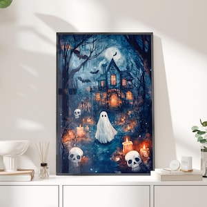 Ghost Walking Among Candles and Skulls Spooky Art Poster or Canvas Print, Haunted House Halloween Decor, Spooky Halloween Ghost Art Print