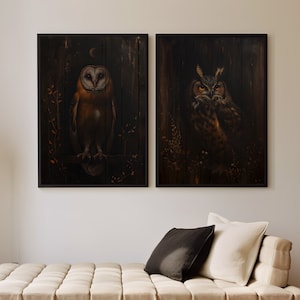 Owl and Barn Owl Vintage Set of 2 Wall Art Poster or Canvas Prints, Rustic Realistic Woodland Animal Prints, Gothic Owl Bird Dark Paintings