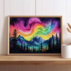 Colorful Northern Lights Over Mountains & Forests Watercolor Art Print Poster or Canvas, Pine Trees and Mountains Nature Landscape Wall Art
