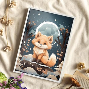 Cute Little Fox Wall Art Print or Canvas, Botanical Nursery Room Decor Baby Fox In The Forest, Snow And Fox Poster, Gift For Animal Lover