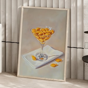 Gold Fish Crackers in Martini Glass Oil Painting Poster or Canvas Print, Junk Food Paintings, Girl Dinner Art, Food Still Life Kitchen Decor