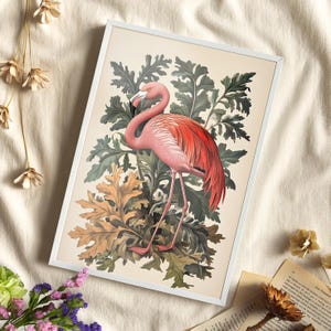 Pink Flamingo Botanical Wall Art Poster or Canvas Print, Cute Whimsical Tropical Minimalist Home Decor, Pink Bird Portrait Cottagecore Decor