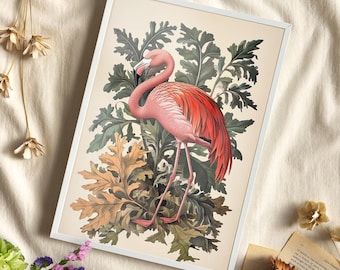 Pink Flamingo Botanical Wall Art Poster or Canvas Print, Cute Whimsical Tropical Minimalist Home Decor, Pink Bird Portrait Cottagecore Decor