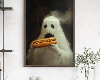 Cute Spooky Ghost Eating Hot Dog Oil Painting Poster or Canvas Print, Vintage Creepy Art Halloween Wall Decor, Whimsical Haunted Kitchen Art